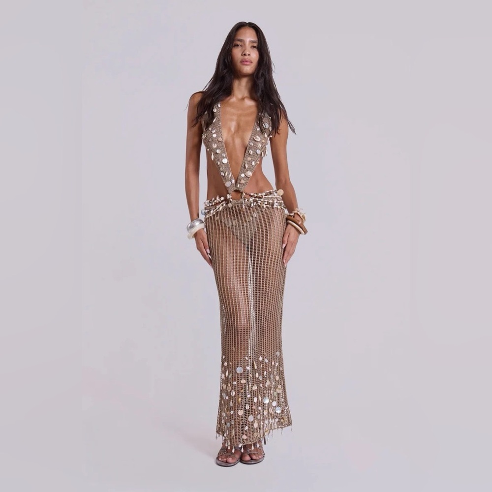 Jaded London Vida Backless Crochet Maxi Dress with Shells Size small